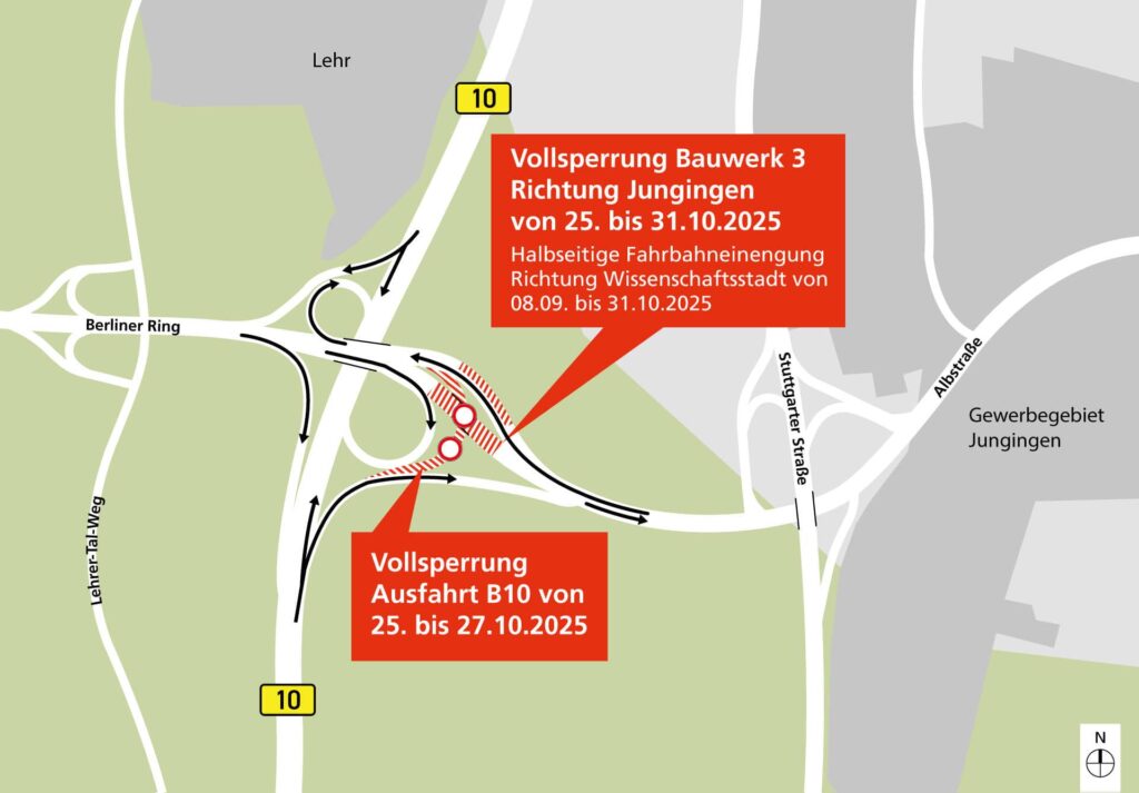 Vollsperrung Bauwerk 3 Richtung Jungingen von 25. bis 31.10.2025